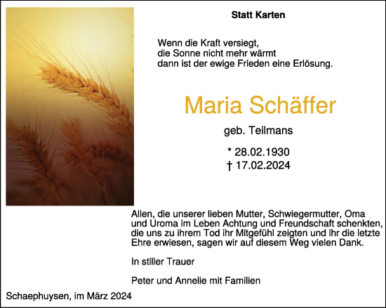 Traueranzeige von Maria Schäffer von NNA
