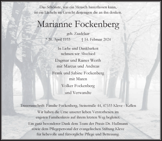 Traueranzeige von Marianne Fockenberg von NNA
