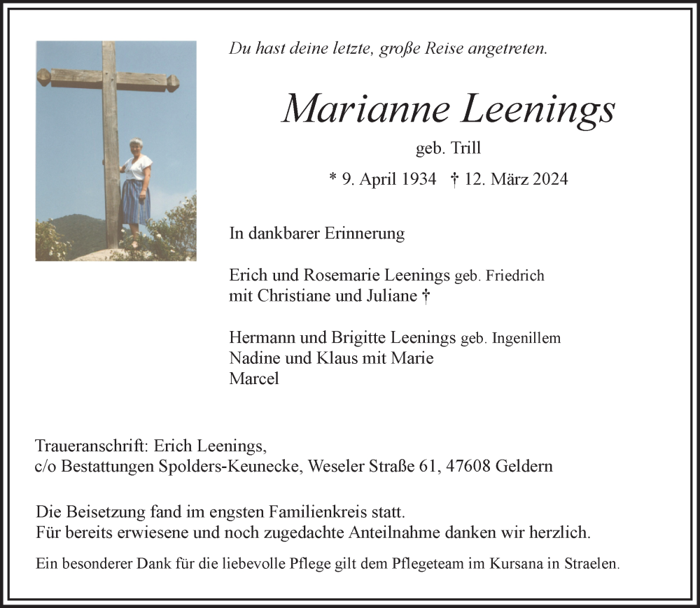  Traueranzeige für Marianne Leenings vom 23.03.2024 aus NNA
