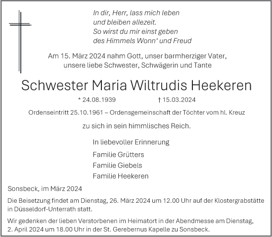 Traueranzeige von Maria Wiltrudis Heekeren von NNA
