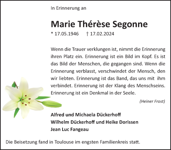 Traueranzeige von Marie Therese Segonne von NNA