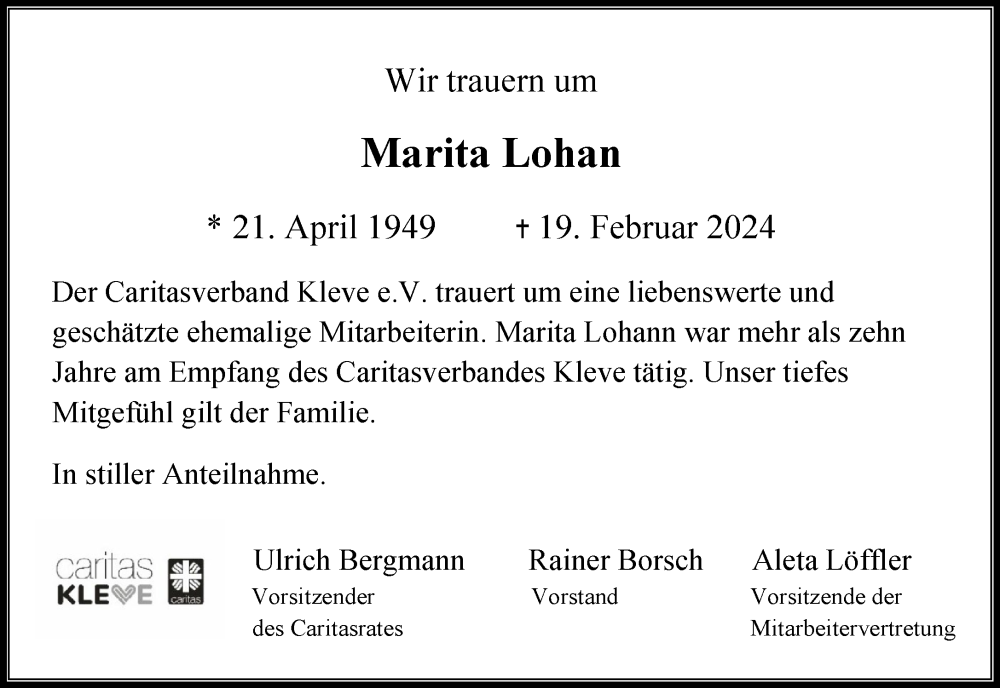  Traueranzeige für Marita Lohan vom 02.03.2024 aus NNA