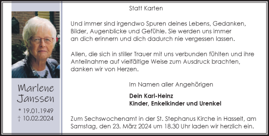 Traueranzeige von Marlene Janssen von NNA