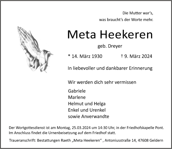 Traueranzeige von Meta Heekeren von NNA