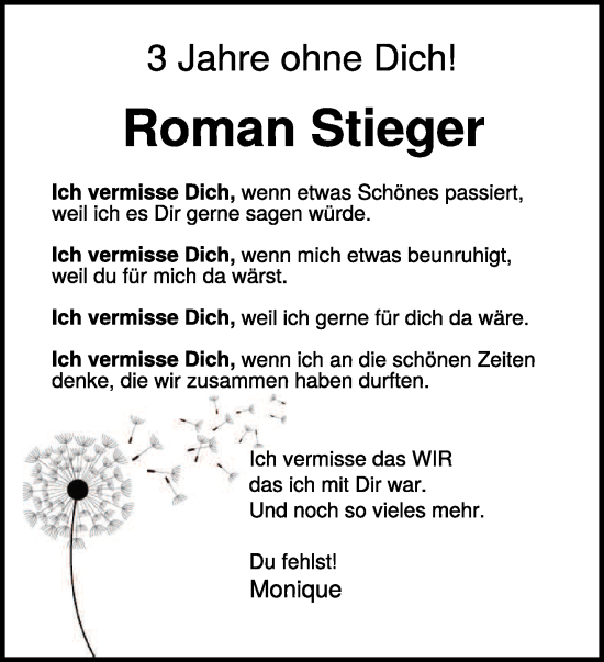 Traueranzeige von Roman Stieger von NNA