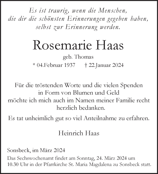 Traueranzeige von Rosemarie Haas von NNA