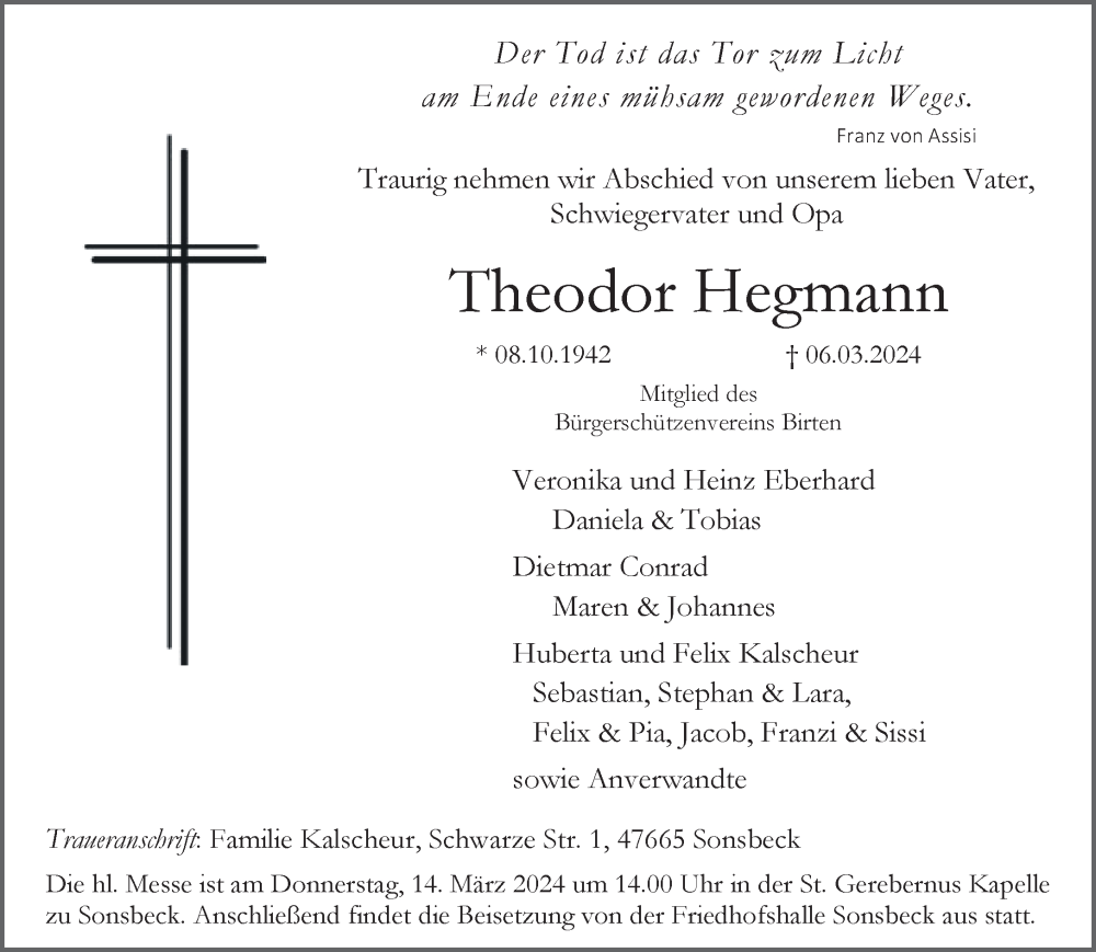  Traueranzeige für Theodor Hegmann vom 09.03.2024 aus NNA