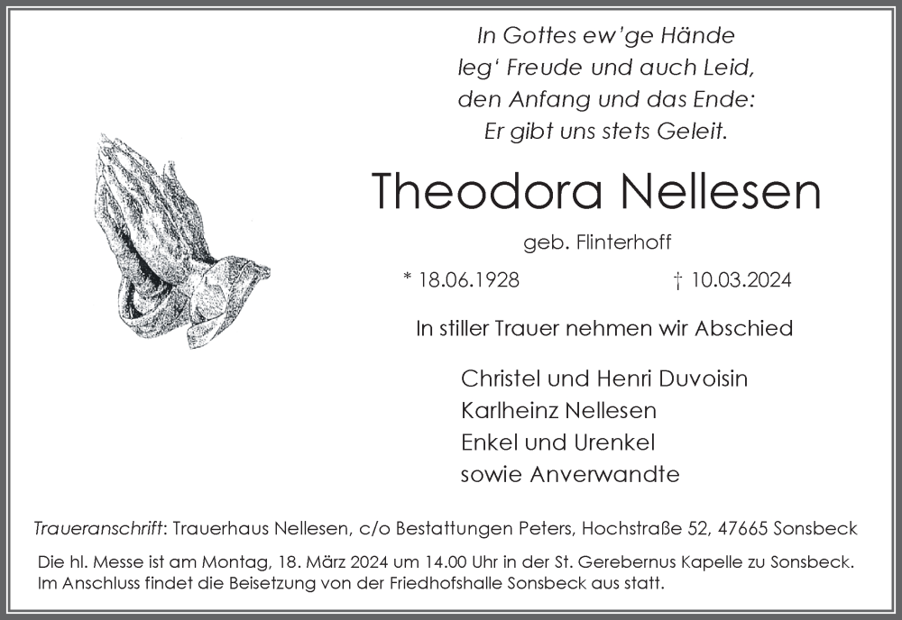  Traueranzeige für Theodora Nellesen vom 16.03.2024 aus NNA