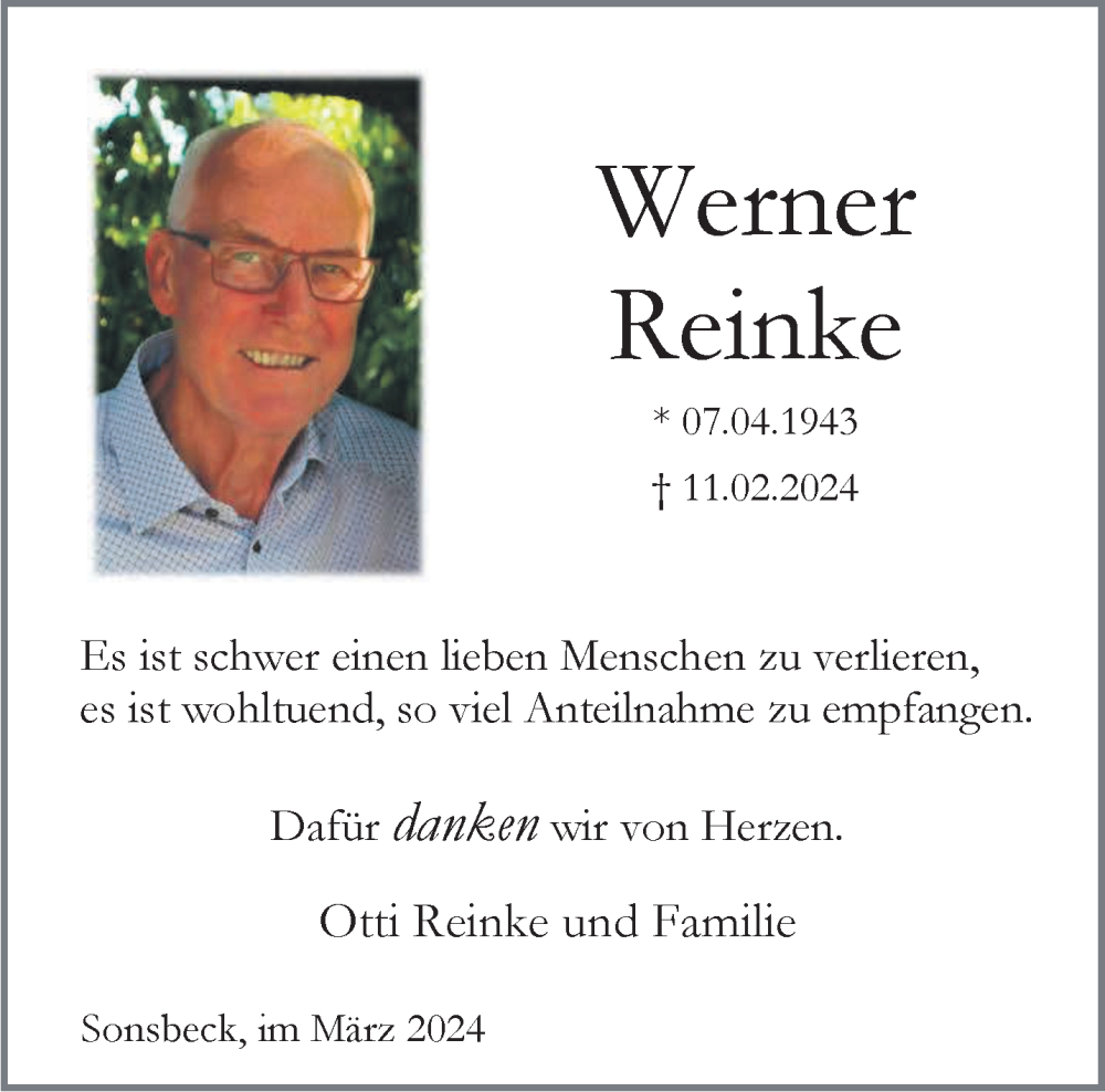  Traueranzeige für Werner Reinke vom 23.03.2024 aus NNA