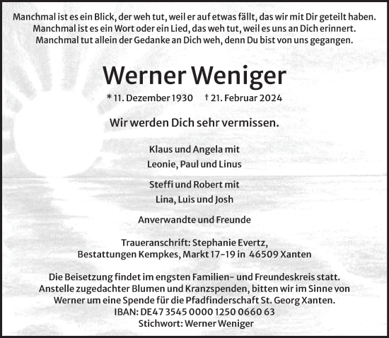 Traueranzeige von Werner Weniger von NNA