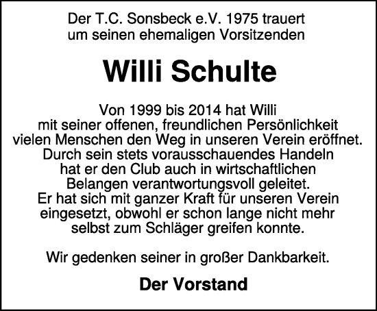 Traueranzeige von Willi Schulte von NNA