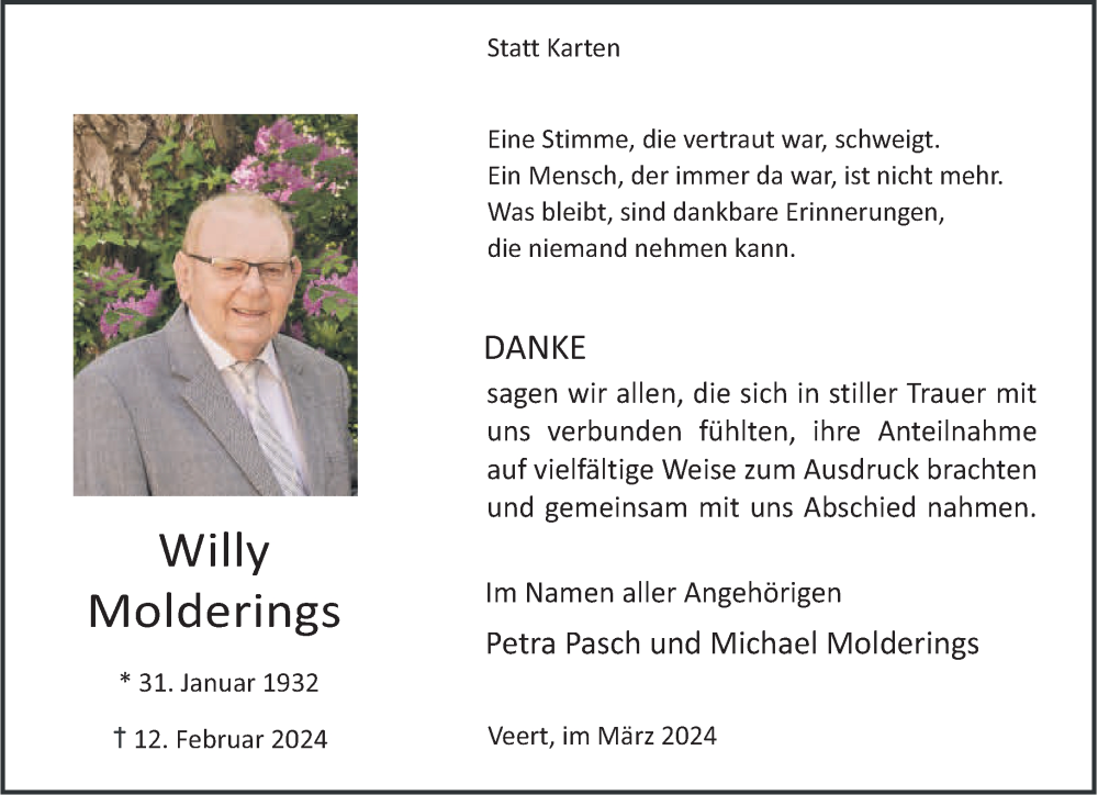  Traueranzeige für Willy Molderings vom 23.03.2024 aus NNA