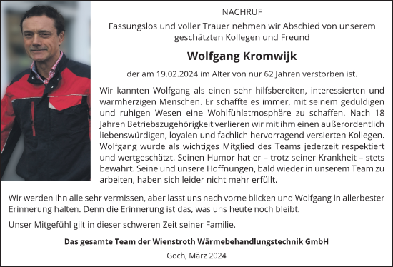 Traueranzeige von Wolfgang Kromwijk von NNA