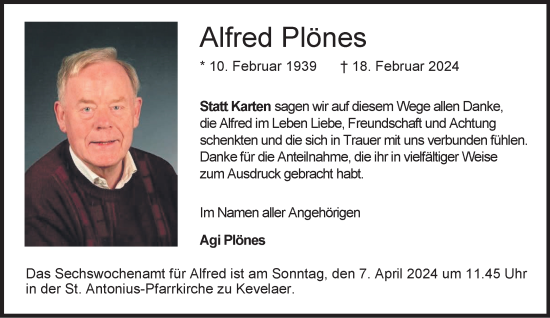 Traueranzeige von Alfred Plönes von NNA