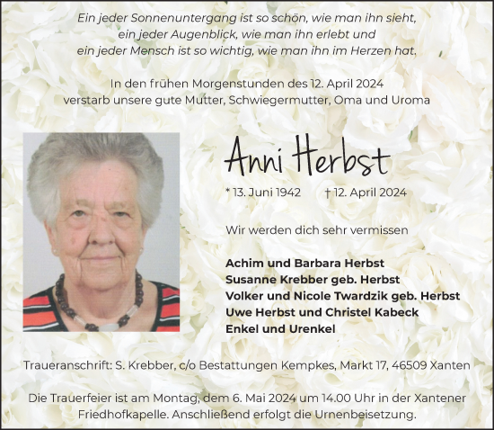 Traueranzeige von Anni Herbst von NNA