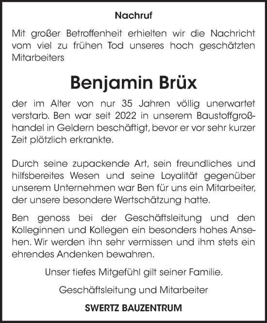 Traueranzeige von Benjamin Brüx von NNA