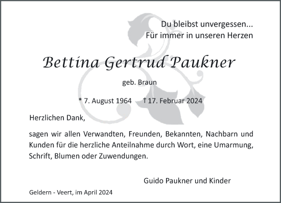 Traueranzeige von Bettina Gertrud Paukner von NNA