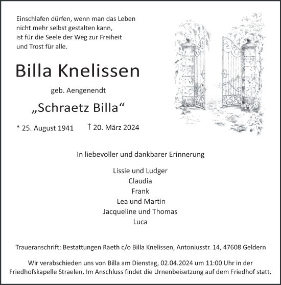Traueranzeige von Billa Knelissen von NNA