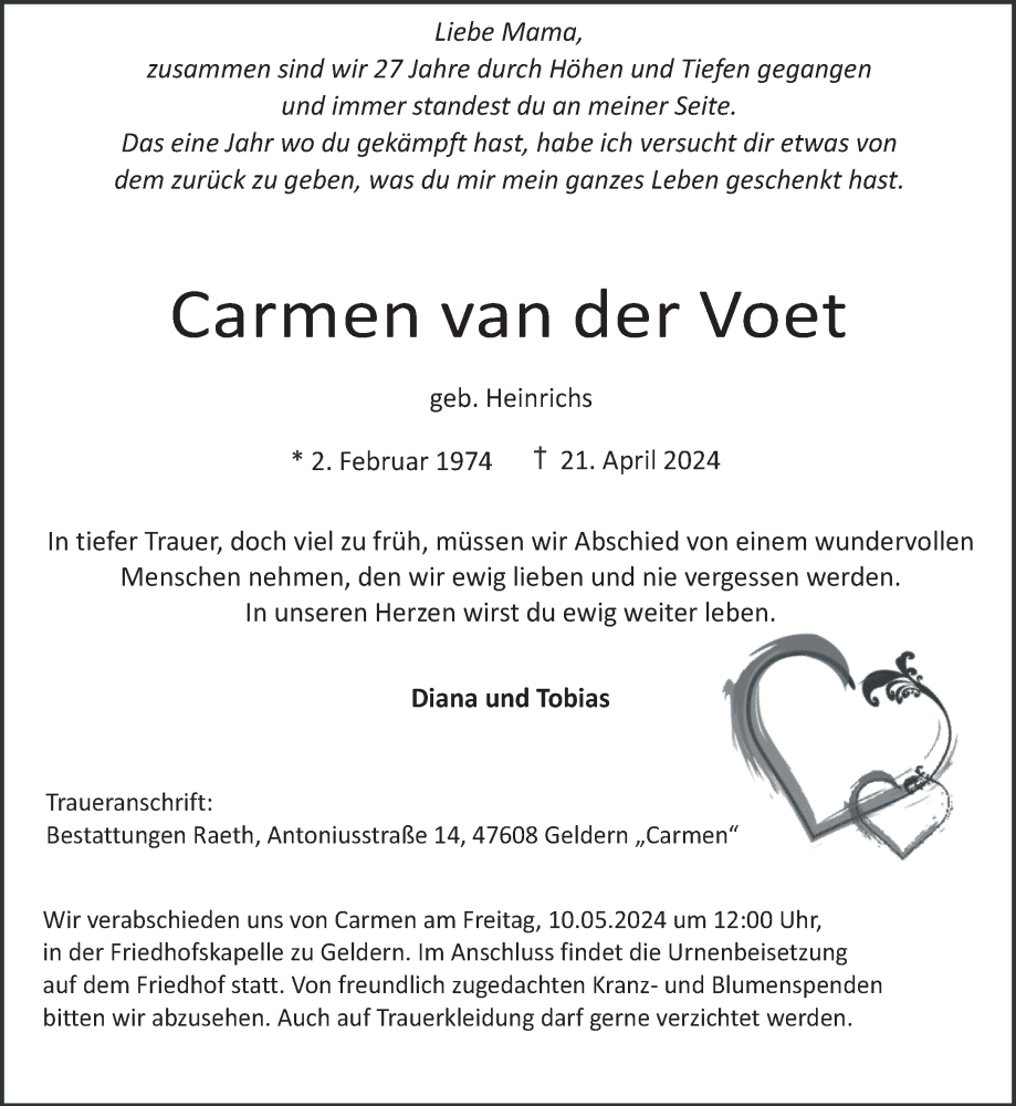  Traueranzeige für Carmen van der Voet vom 27.04.2024 aus NNA