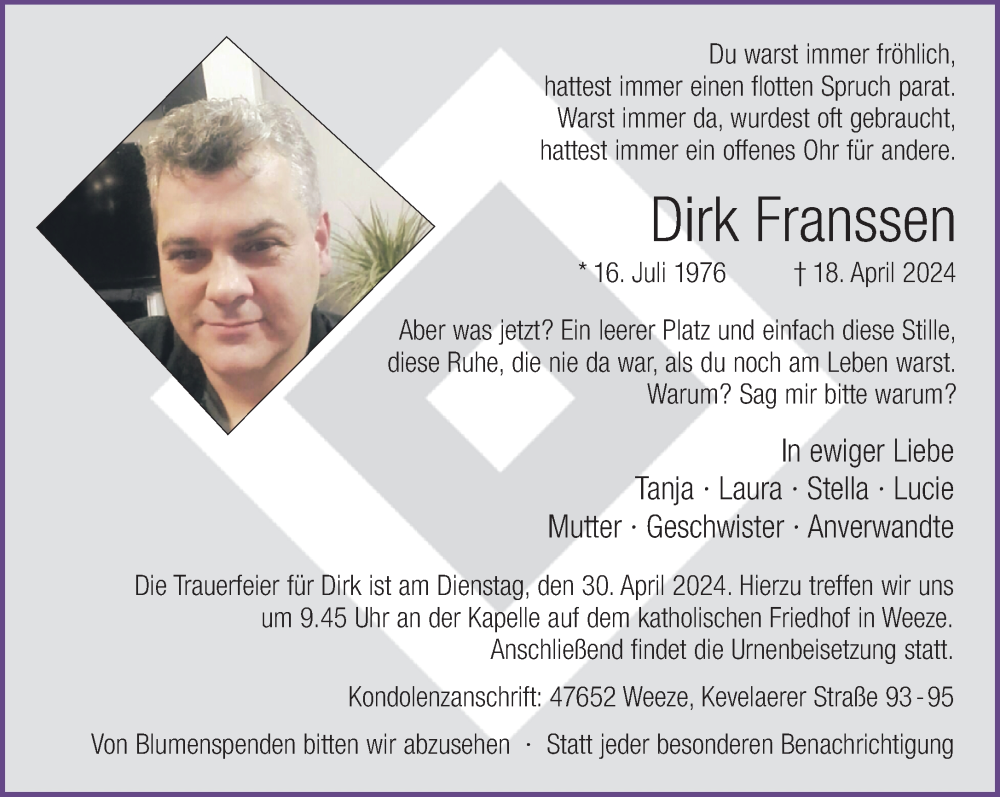  Traueranzeige für Dirk Franssen vom 24.04.2024 aus NNA