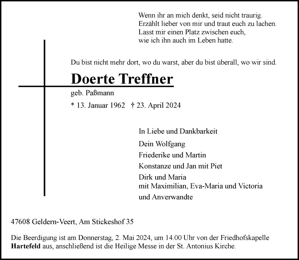  Traueranzeige für Doerte Treffner vom 27.04.2024 aus NNA