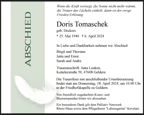 Traueranzeige von Doris Tomaschek von NNA
