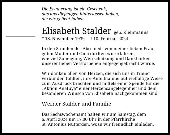 Traueranzeige von Elisabeth Stalder von NNA
