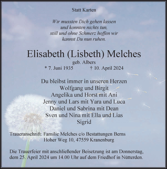 Traueranzeige von Elisabeth Lisbeth Melches von NNA