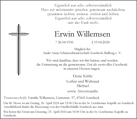 Traueranzeige von Erwin Willemsen von NNA
