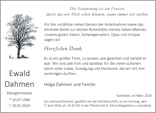 Traueranzeige von Ewald Dahmen von NNA