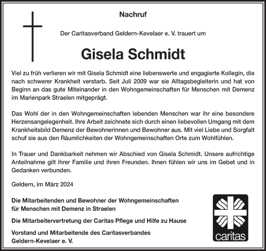 Traueranzeige von Gisela Schmidt von NNA