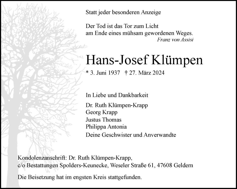  Traueranzeige für Hans-Josef Klümpen vom 06.04.2024 aus NNA