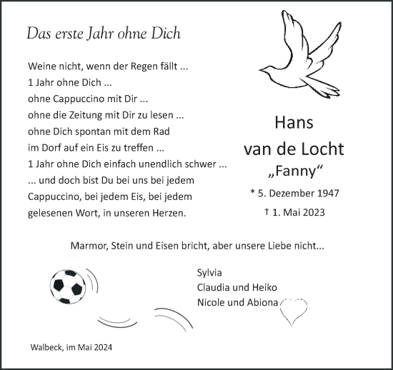 Traueranzeige von Hans van de Locht von NNA