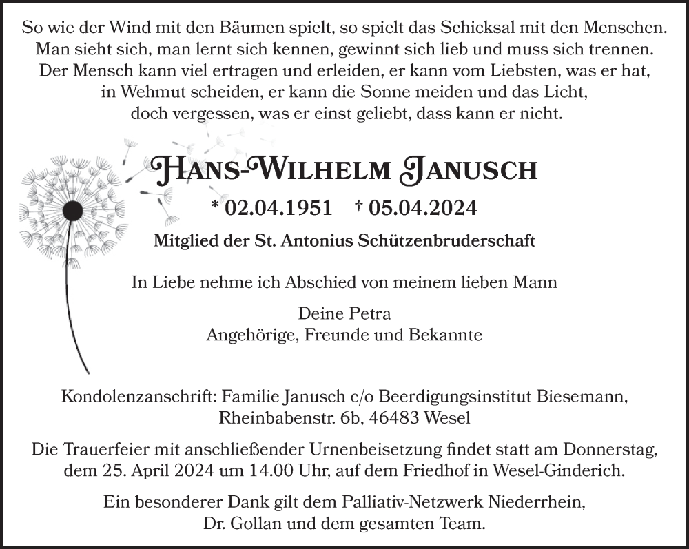  Traueranzeige für Hans-Wilhelm Janusch vom 17.04.2024 aus NNA