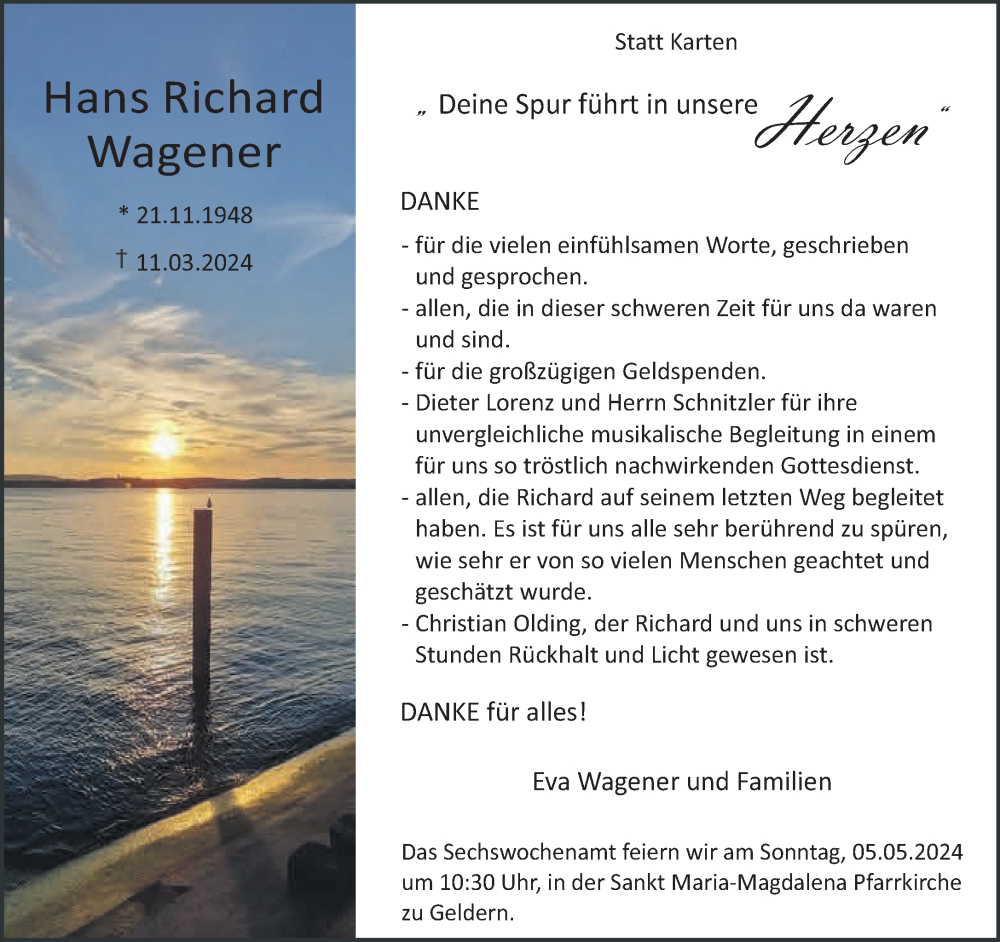  Traueranzeige für Hans Richard Wagener vom 27.04.2024 aus NNA