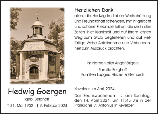 Traueranzeige von Hedwig Goergen von NNA