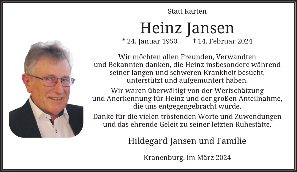  Traueranzeige für Heinz Jansen vom 30.03.2024 aus NNA