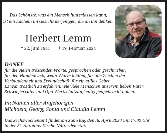 Traueranzeige von Herbert Lemm von NNA