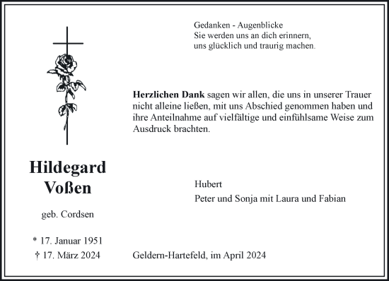 Traueranzeige von Hildegard Voßen von NNA