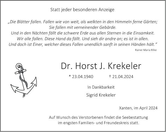 Traueranzeige von Horst J. Krekeler von NNA