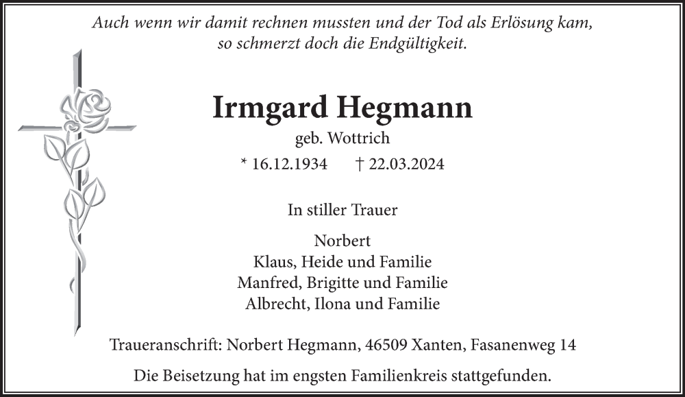  Traueranzeige für Irmgard Hegmann vom 30.03.2024 aus NNA