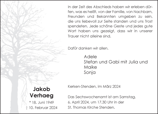 Traueranzeige von Jakob Verhaeg von NNA