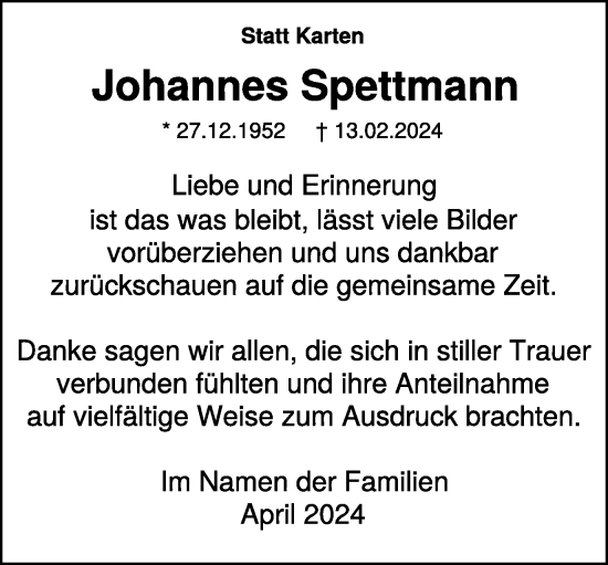 Traueranzeige von Johannes Spettmann von NNA