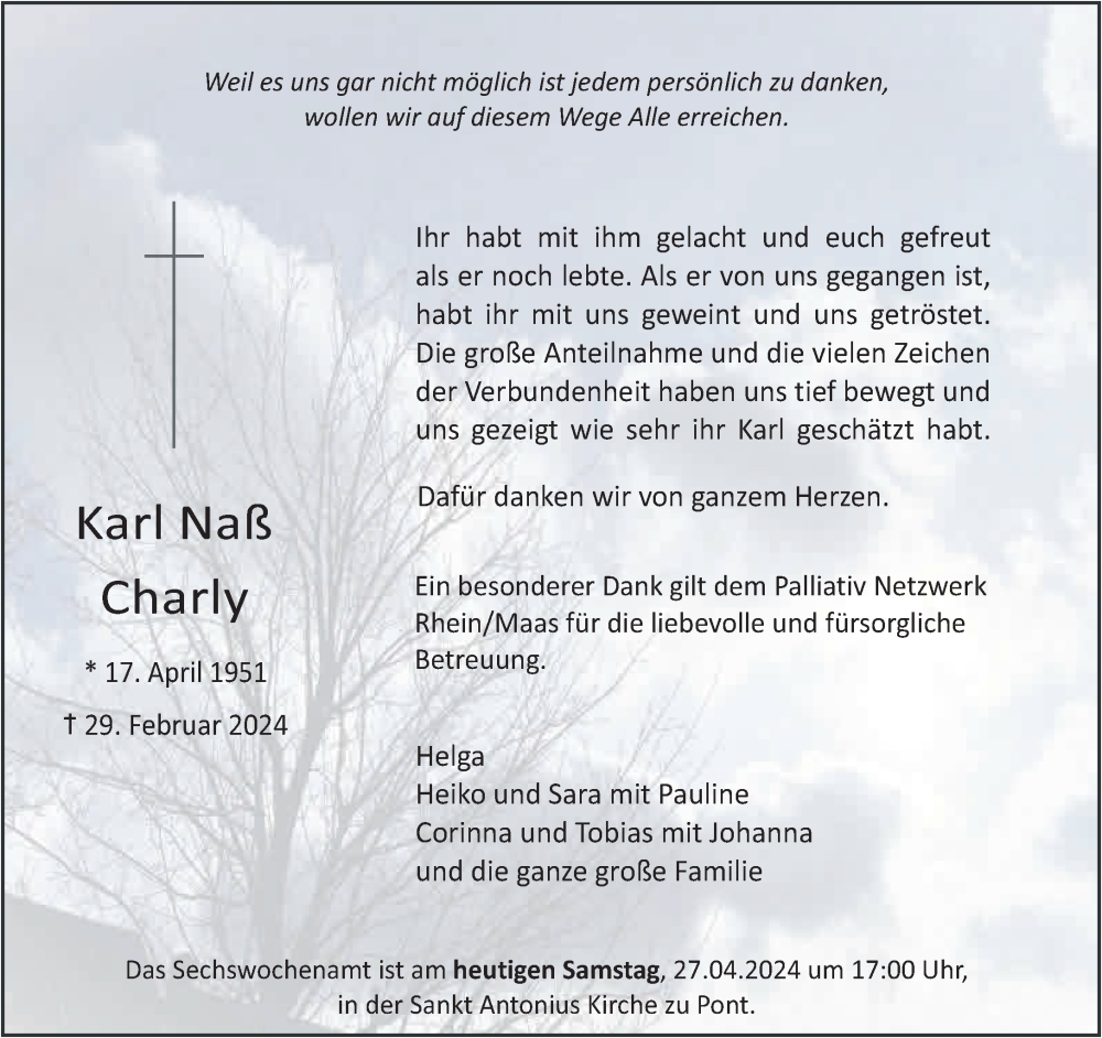  Traueranzeige für Karl Naß vom 27.04.2024 aus NNA