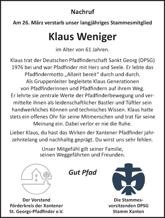 Traueranzeige von Klaus Weniger von NNA