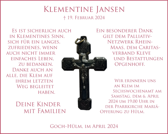 Traueranzeige von Klementine Jansen von NNA