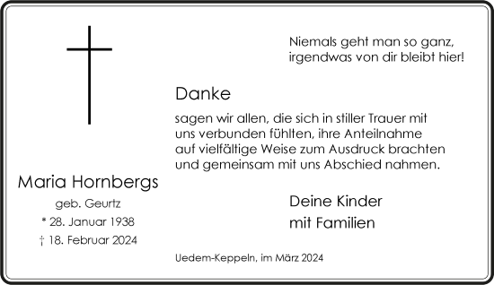 Traueranzeige von Maria Hornbergs von NNA