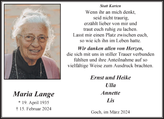 Traueranzeige von Maria Lange von NNA