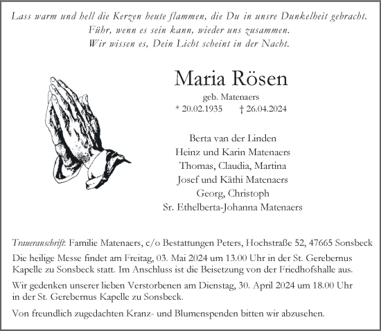 Traueranzeige von Maria Rösen von NNA