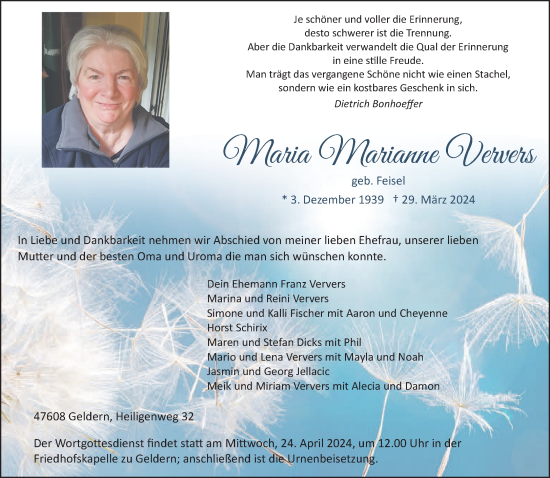 Traueranzeige von Maria Marianne Ververs von NNA